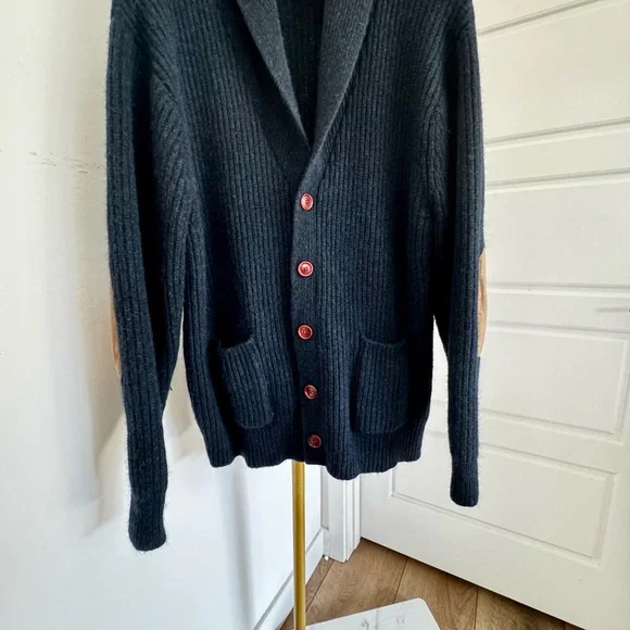 Men’s Grandpacore Navy Blue Ribbed Wool Shawl Collar Cardigan Elbow Patch Sz XL - Picture 4 of 12